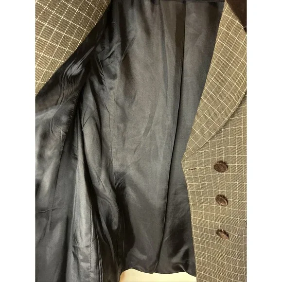 Vintage SANDRO Paris Brown Checked Double-Breasted Velvet Trim Blazer Sz S - Picture 7 of 9